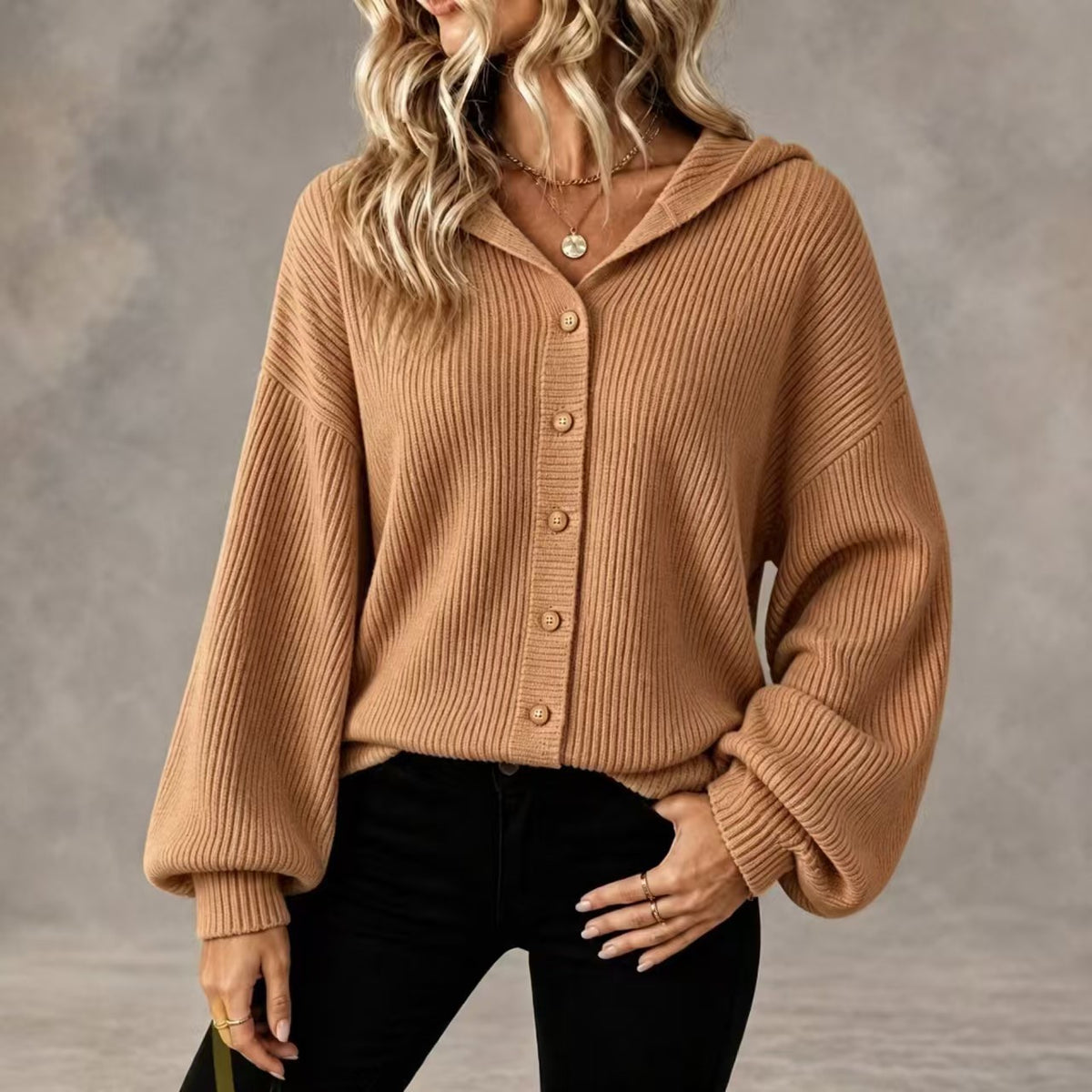Womens Hooded Ribbed Cardigan Button Front Knit Sweater