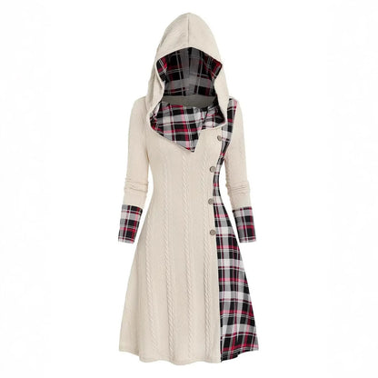 Hooded Cable Knit Sweater Dress Plaid Contrast Midi