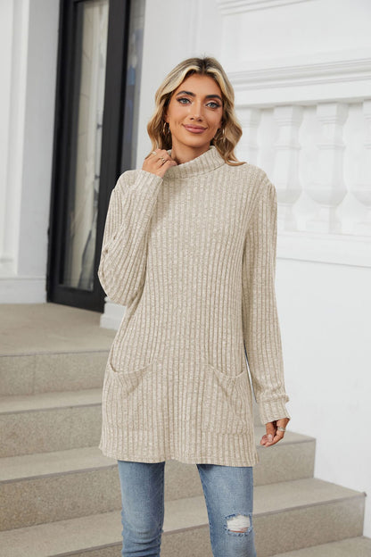 Women's Oversized Ribbed Mock Neck Tunic with Pockets