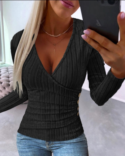 Fitted Ribbed Knit V-Neck Long Sleeve Button Top