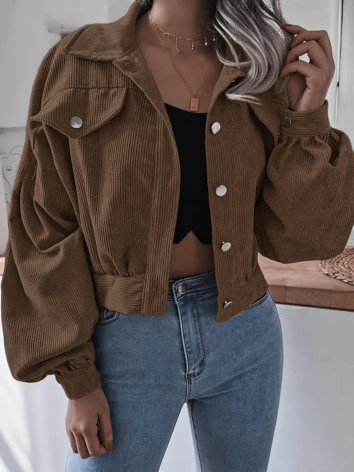 Womens Corduroy Cropped Jacket Balloon Sleeve Oversized