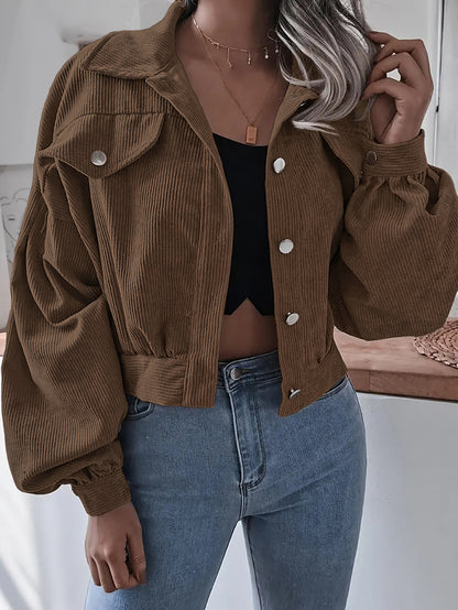 Womens Corduroy Cropped Jacket Balloon Sleeve Oversized