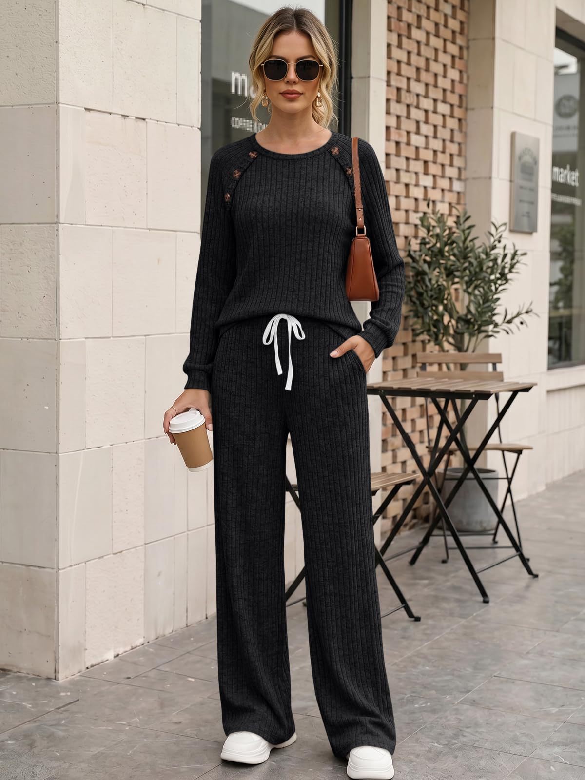 Womens Ribbed Knit 2 Piece Set Button Top Wide Leg Pants