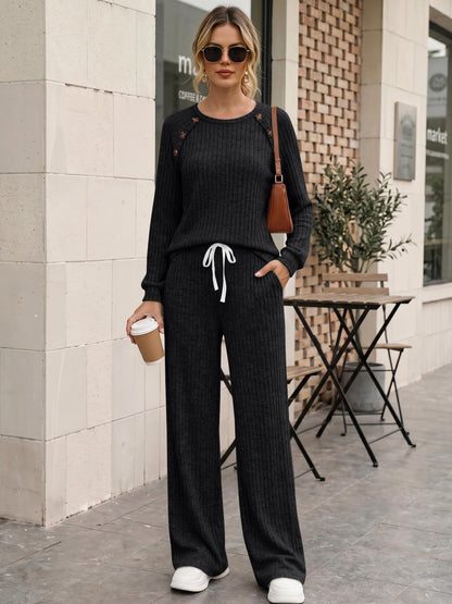 Womens Ribbed Knit 2 Piece Set Button Top Wide Leg Pants