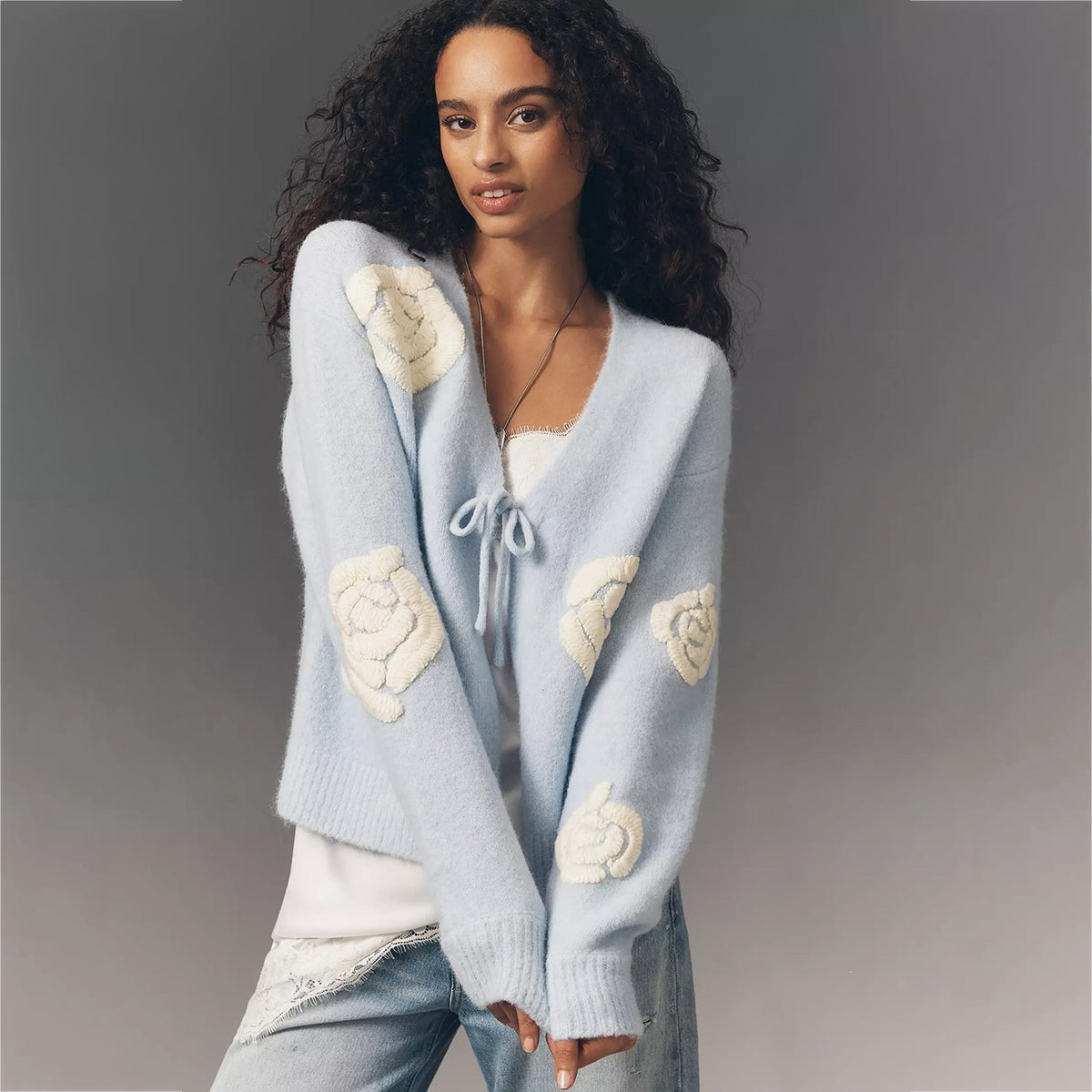 Women's Fuzzy Floral Tie Front Cardigan Light Blue