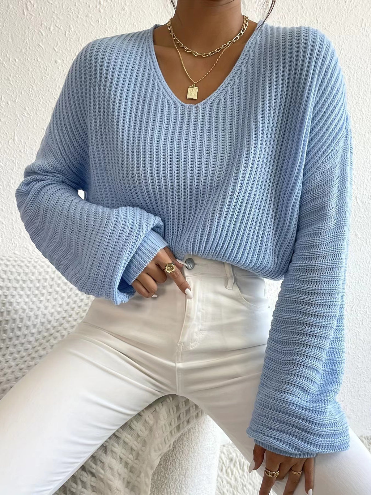 V-Neck Balloon Sleeve Oversized Knit Pullover Sweater