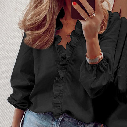 Women's Ruffle V Neck Blouse Balloon Sleeve Casual Top