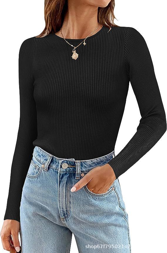 Women's Basic Ribbed Crew Neck Long Sleeve Knit Top