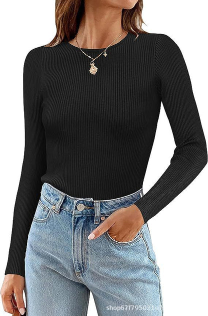 Women's Basic Ribbed Crew Neck Long Sleeve Knit Top