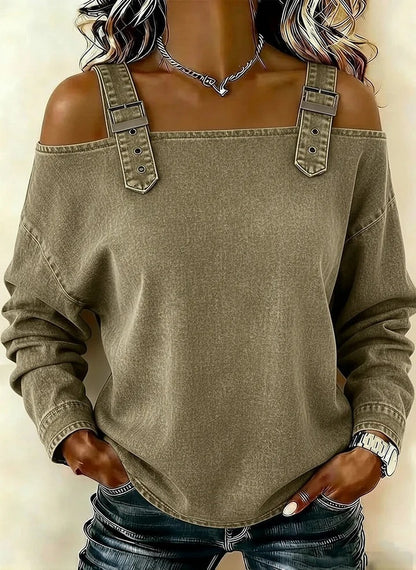 Women's Off Shoulder Denim Buckle Strap Long Sleeve Top