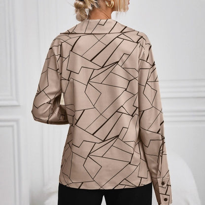 Women's Geometric Print V-Neck Long Sleeve Collared Blouse
