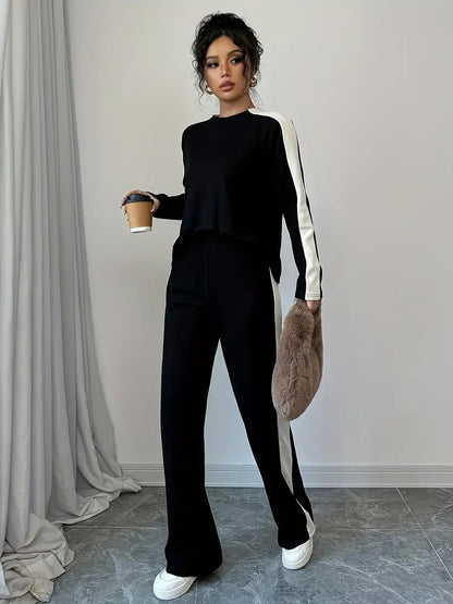 Color Block Raglan Top Wide Leg Pants Lounge Set