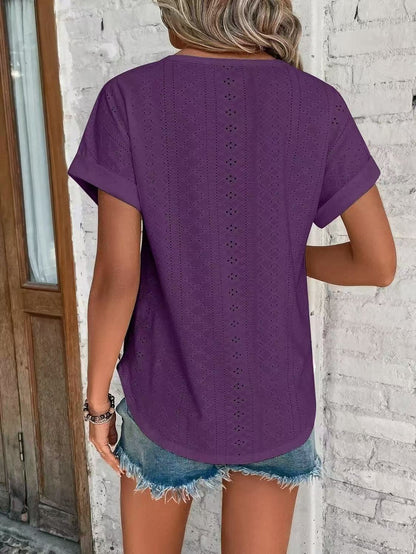 Solid Eyelet Short Sleeve Tee Loose Fit Casual Top