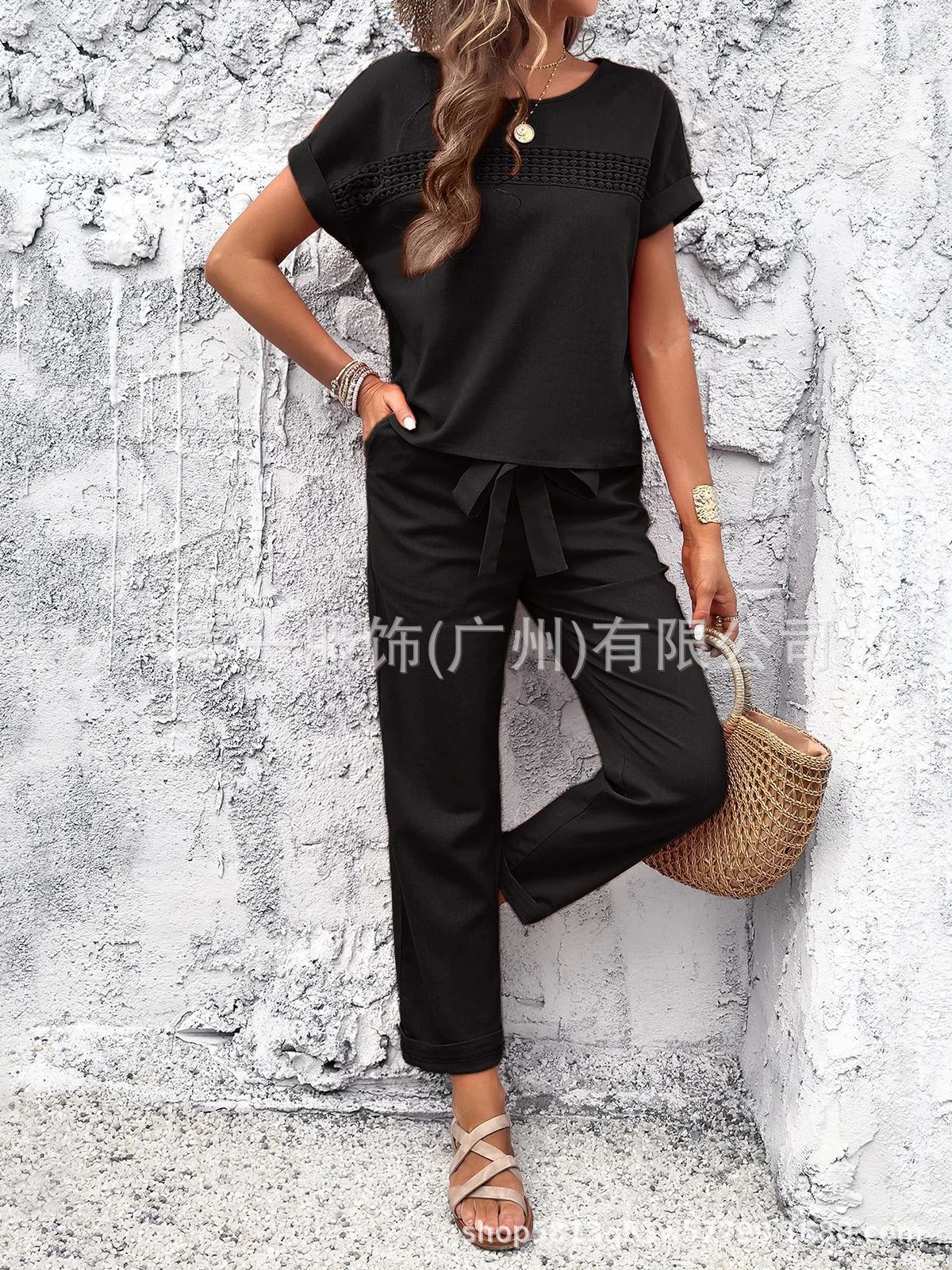 Women's Cotton Tie Waist Two Piece Pants Set