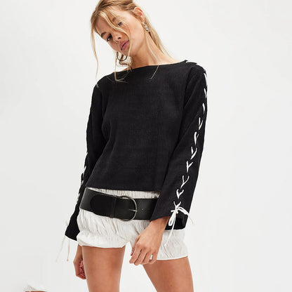 Women's Oversized Lace Up Long Sleeve Top