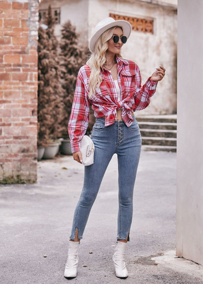 Women's Red Plaid Button Down Long Sleeve Casual Shirt