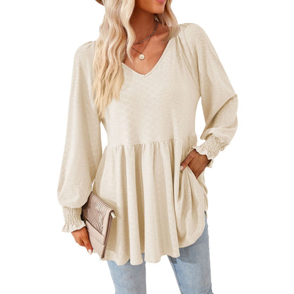 Women's V Neck Long Sleeve Textured Babydoll Tunic Top