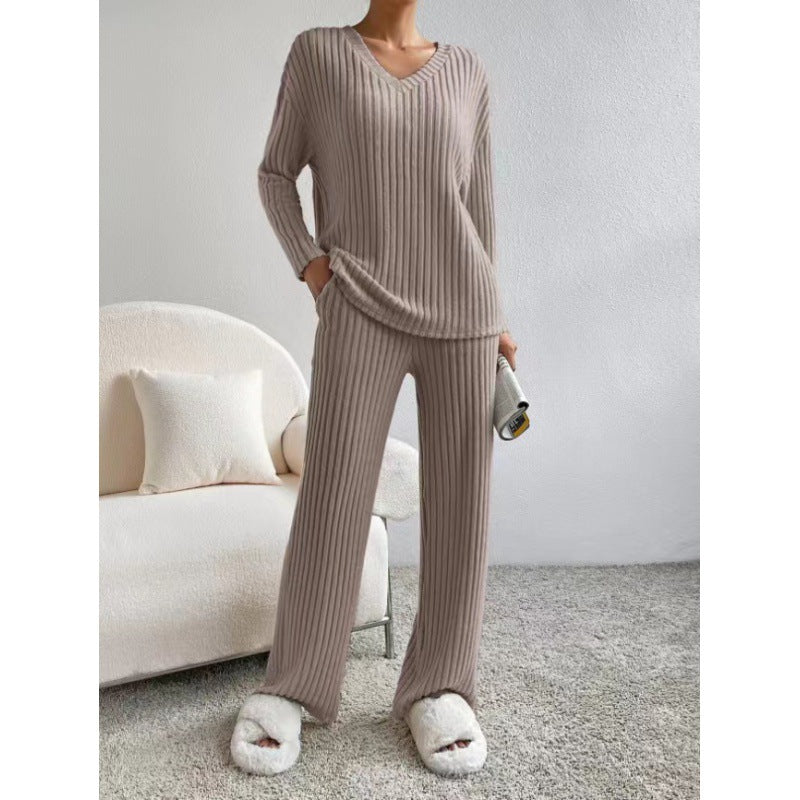 Ribbed Knit V-Neck Sweater Wide Leg Pants Set