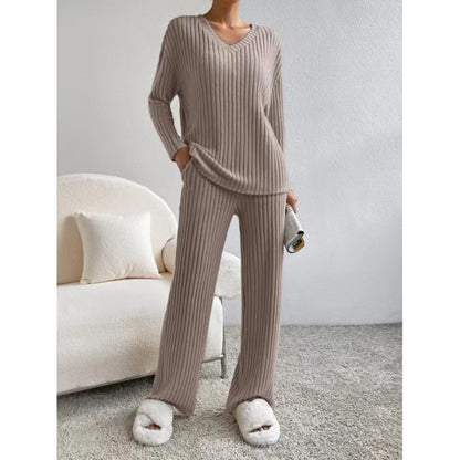 Ribbed Knit V-Neck Sweater Wide Leg Pants Set