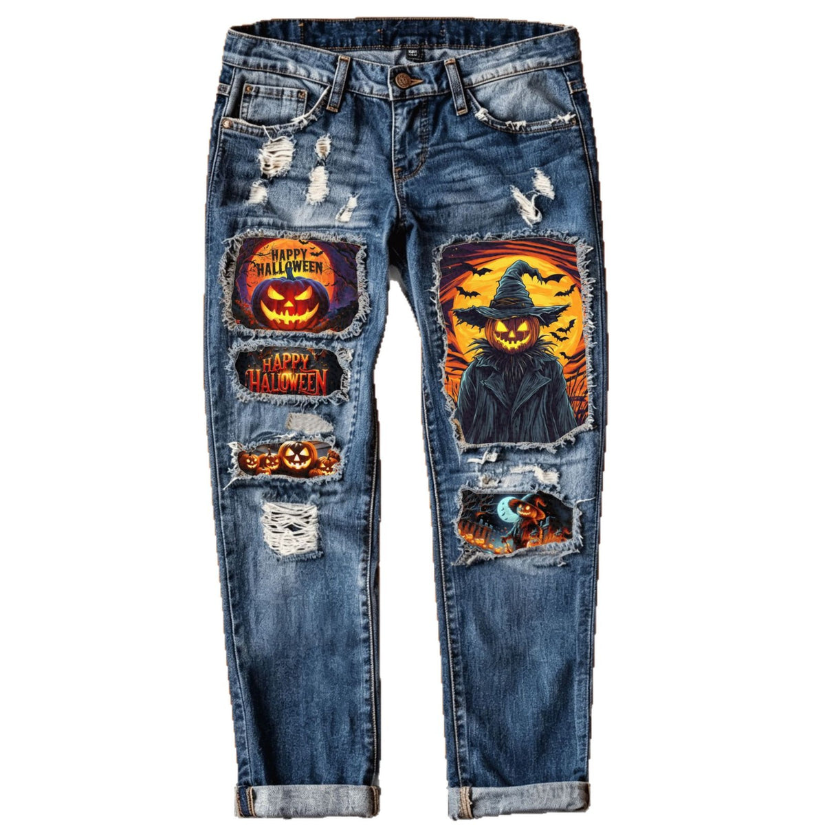 Women's Halloween Pumpkin Patch Distressed Jeans