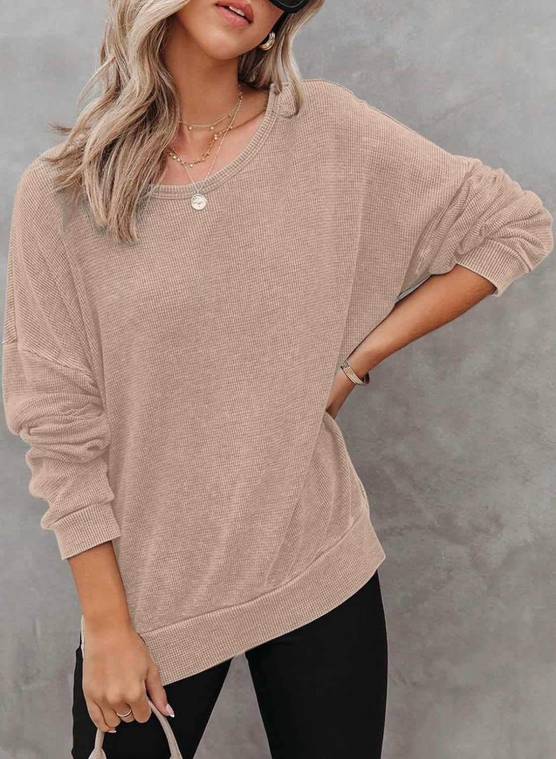 Waffle Split Hem Sweatshirt Women Casual Long Sleeve Top
