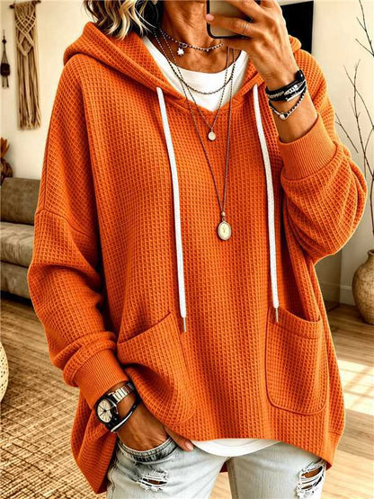 Women's Oversized Waffle Knit Hoodie Drawstring Pullover