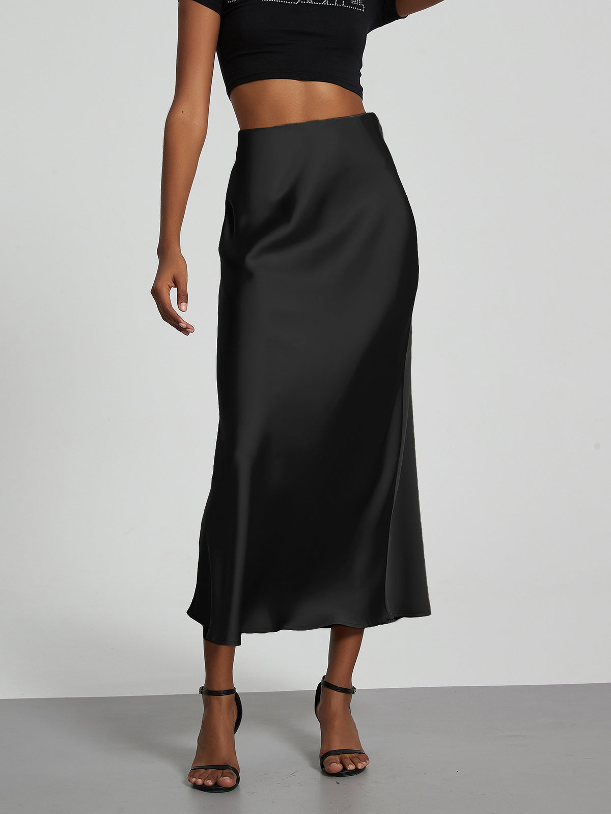 Women's Satin Midi Skirt High Waist Silky Flowy Elegant