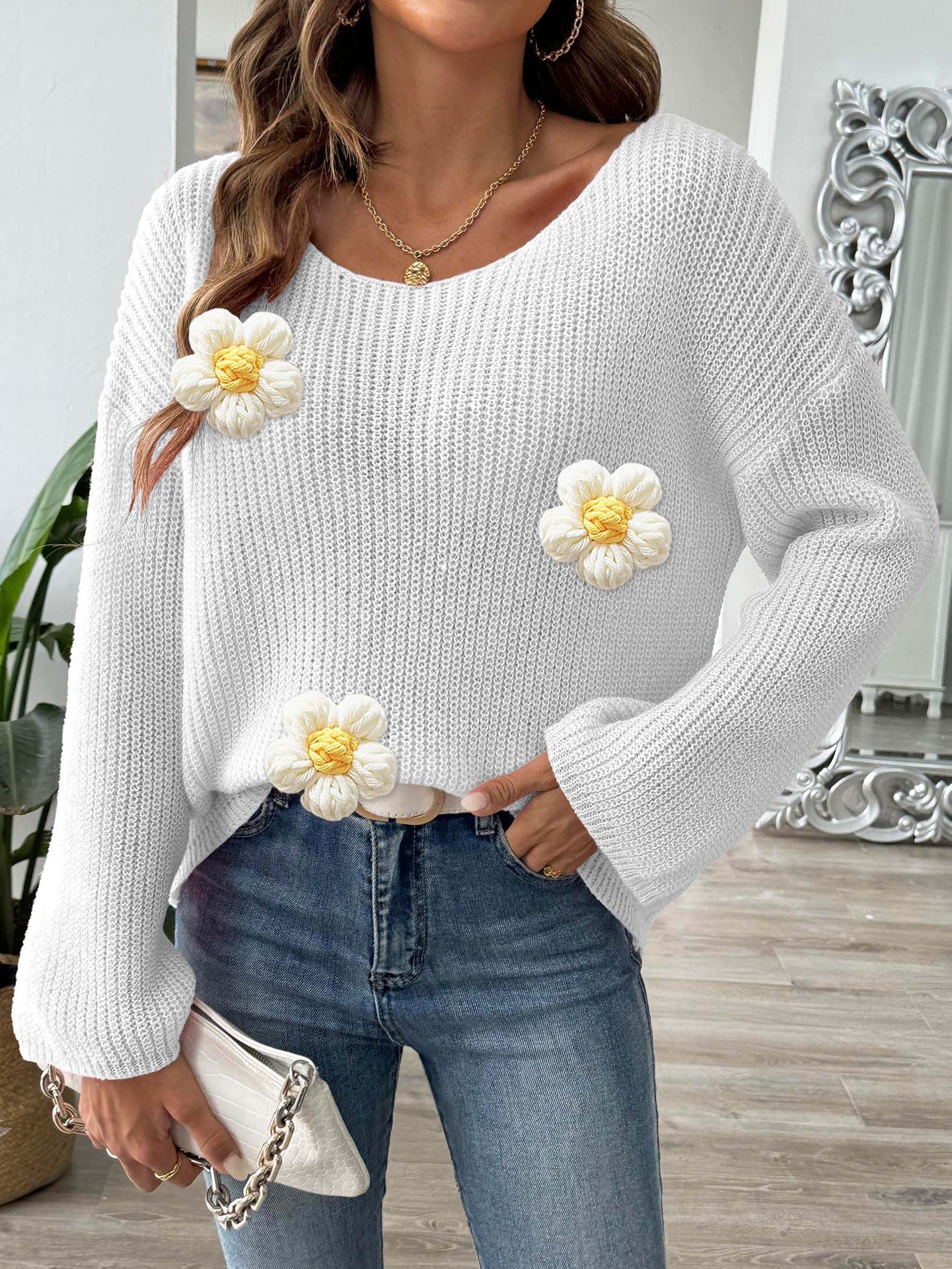 Women's One-word Collar Off-the-shoulder Horn Sleeve Sweater