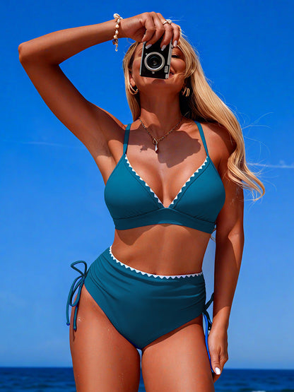 Scalloped High Waisted Bikini Set Padded Plunge Two Piece Swimwear