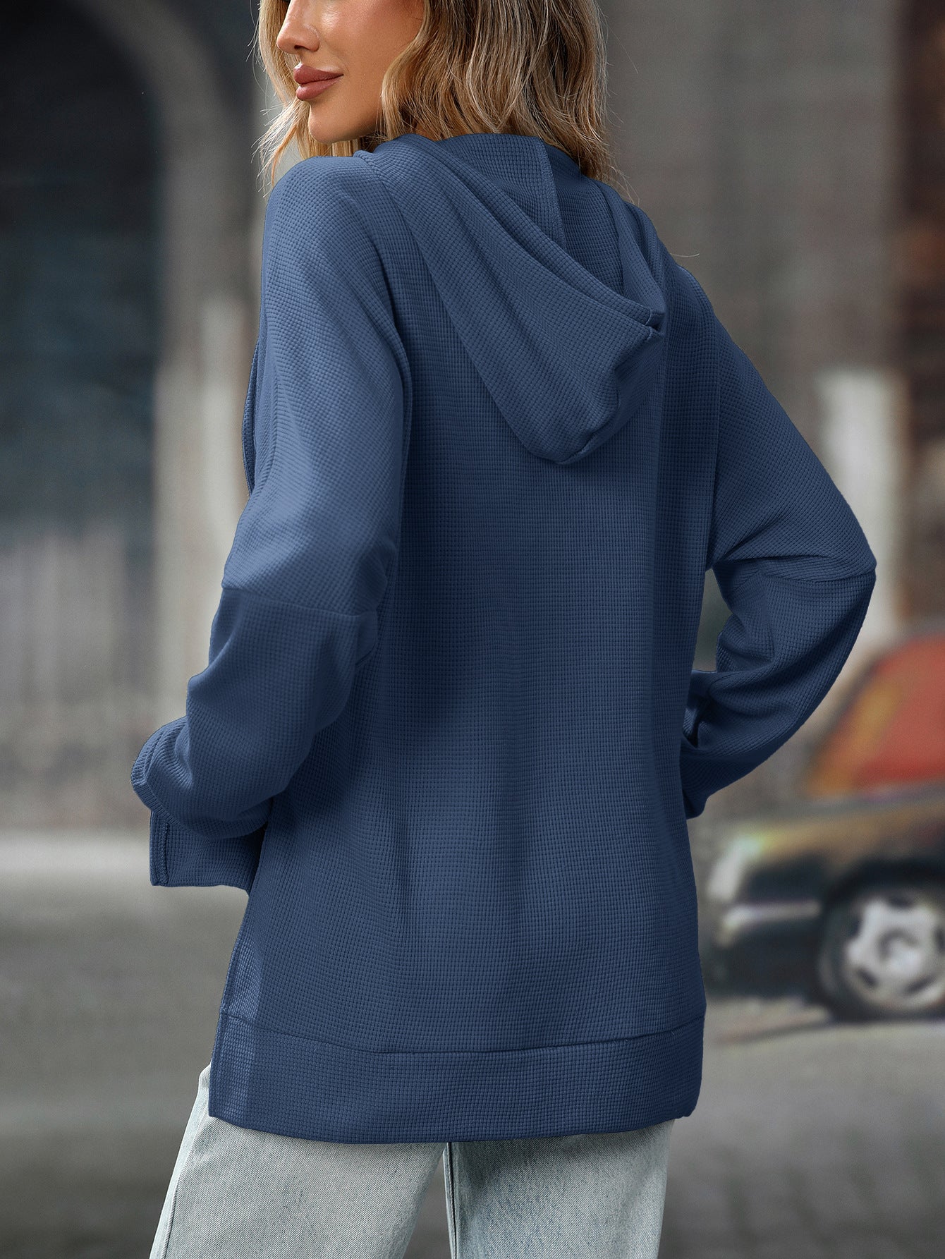 Trendy Waffle Knit Hoodie – Comfortable Casual Pullover for Fall/Winter