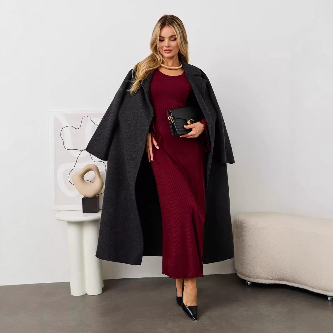 Long Sleeve U Neck Ribbed Knit Tie Back Maxi Dress