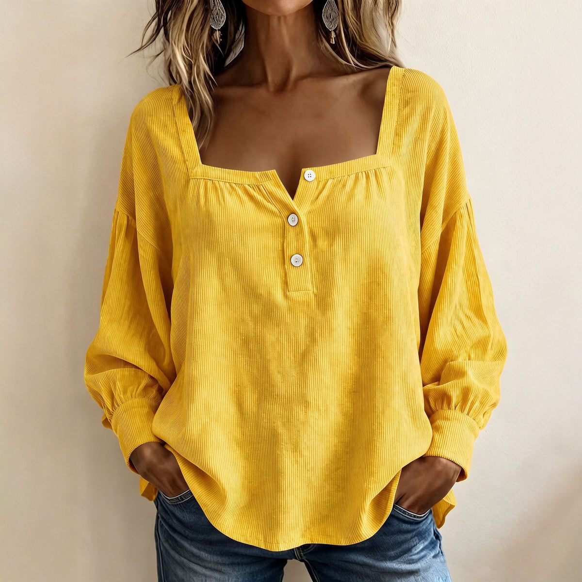 Square Neck Corduroy Top Button Front Long Sleeve Oversized