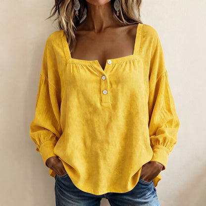 Square Neck Corduroy Top Button Front Long Sleeve Oversized