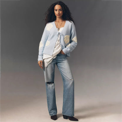 Women's Fuzzy Floral Tie Front Cardigan Light Blue