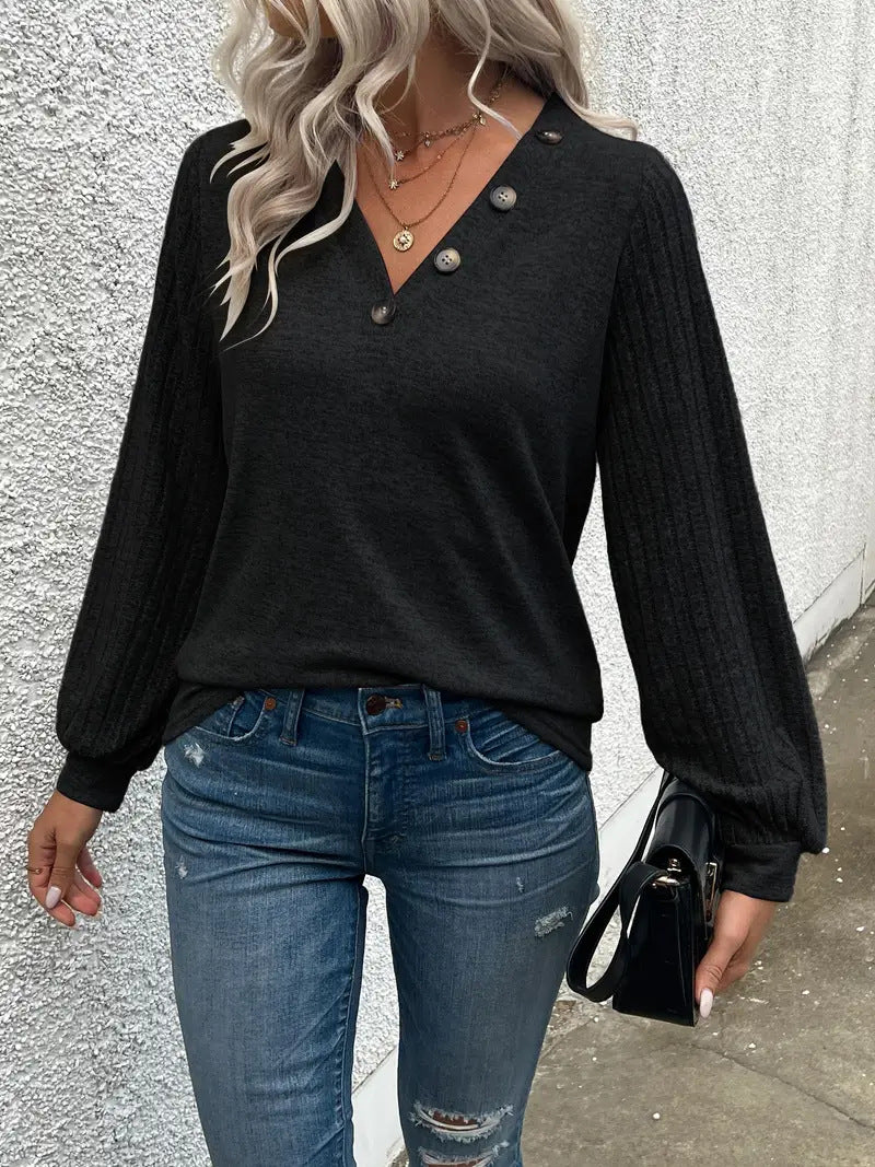 Women's V Neck Button Detail Puff Sleeve Top