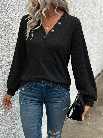 Women's V Neck Button Detail Puff Sleeve Top