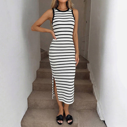 Striped Sleeveless Bodycon Midi Dress Side Slit Casual Summer