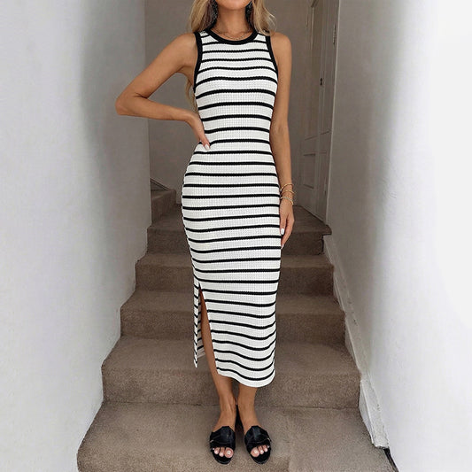 Striped Sleeveless Bodycon Midi Dress Side Slit Casual Summer