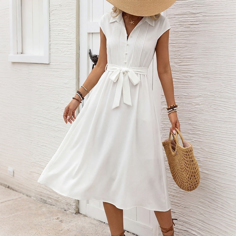 White Collared Tie Waist Shirt Dress Midi