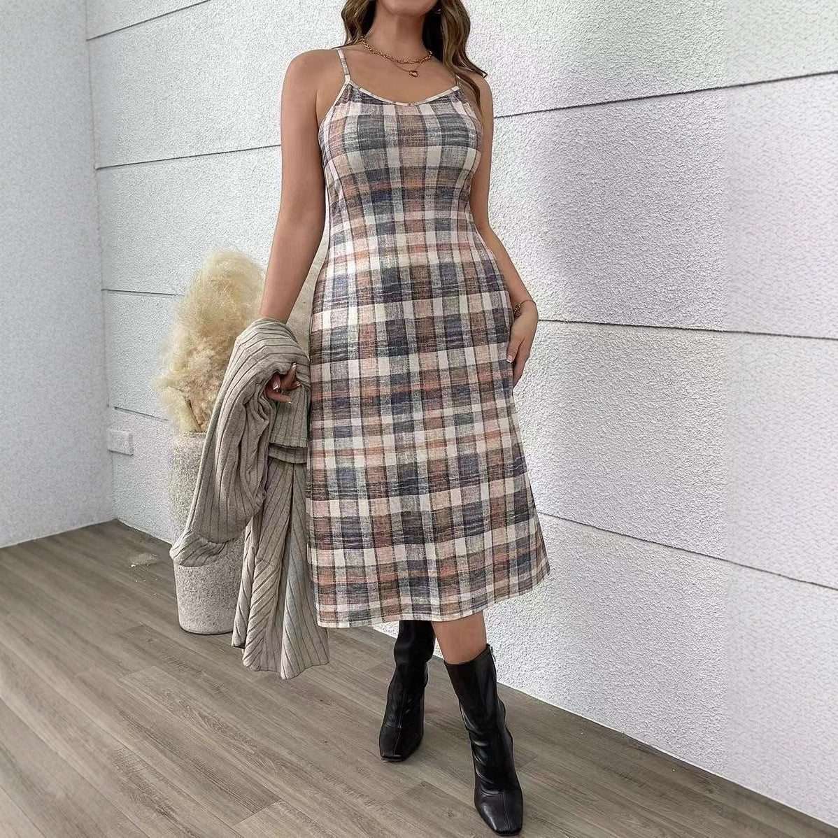 Plaid Dress & Long Knit Cardigan Two Piece Set