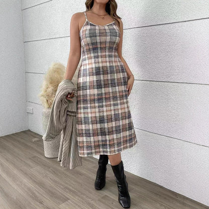 Plaid Dress & Long Knit Cardigan Two Piece Set
