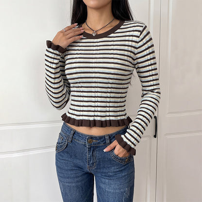 Striped Cropped Sweater Flare Sleeve Knit Top Retro