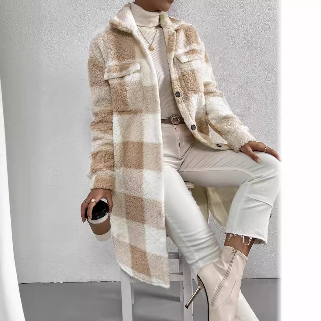 Women's Plaid Sherpa Fleece Long Coat Collared Jacket
