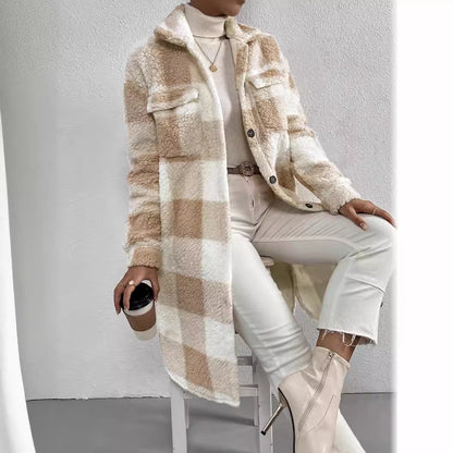Women's Plaid Sherpa Fleece Long Coat Collared Jacket