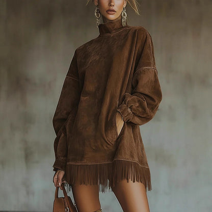 Oversized Suede Fringe Mini Dress Mock Neck Pockets
