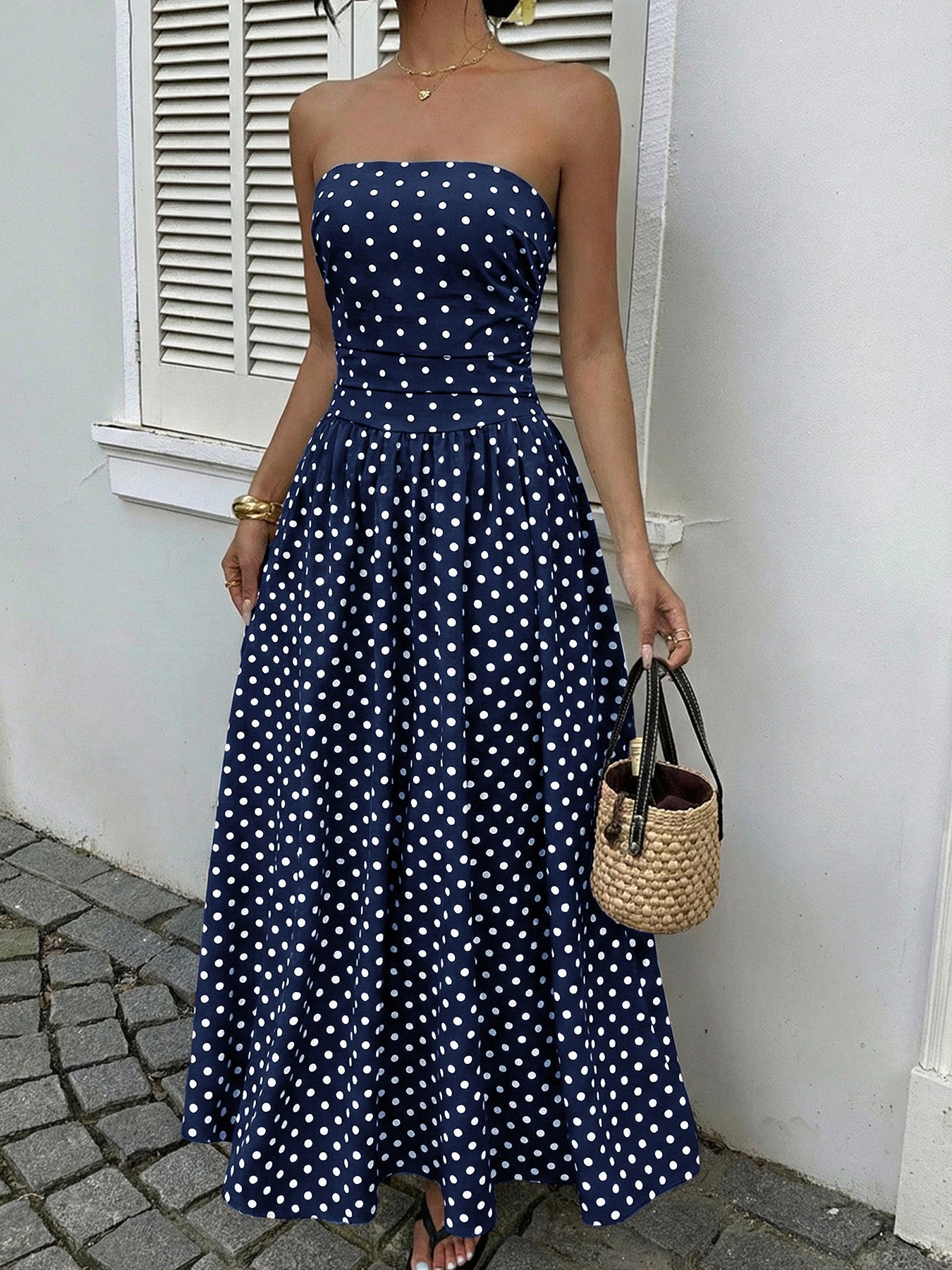 Strapless Polka Dot Maxi Dress Elegant Summer Dress