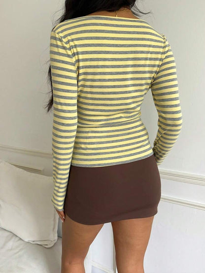 Striped Cotton Blend Long Sleeve Fitted Casual Tee