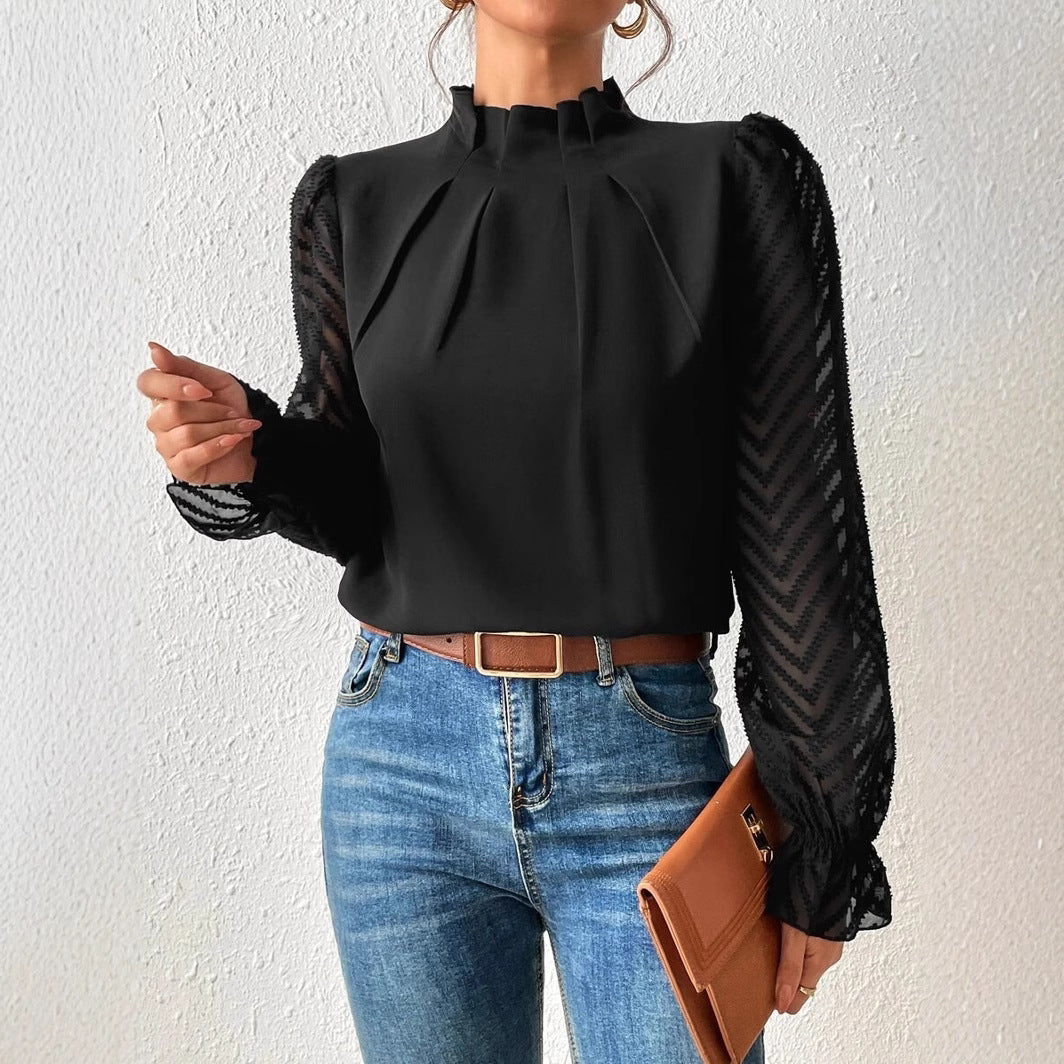 Semi-Turtleneck Spliced Wavy Chiffon Long-Sleeve Top