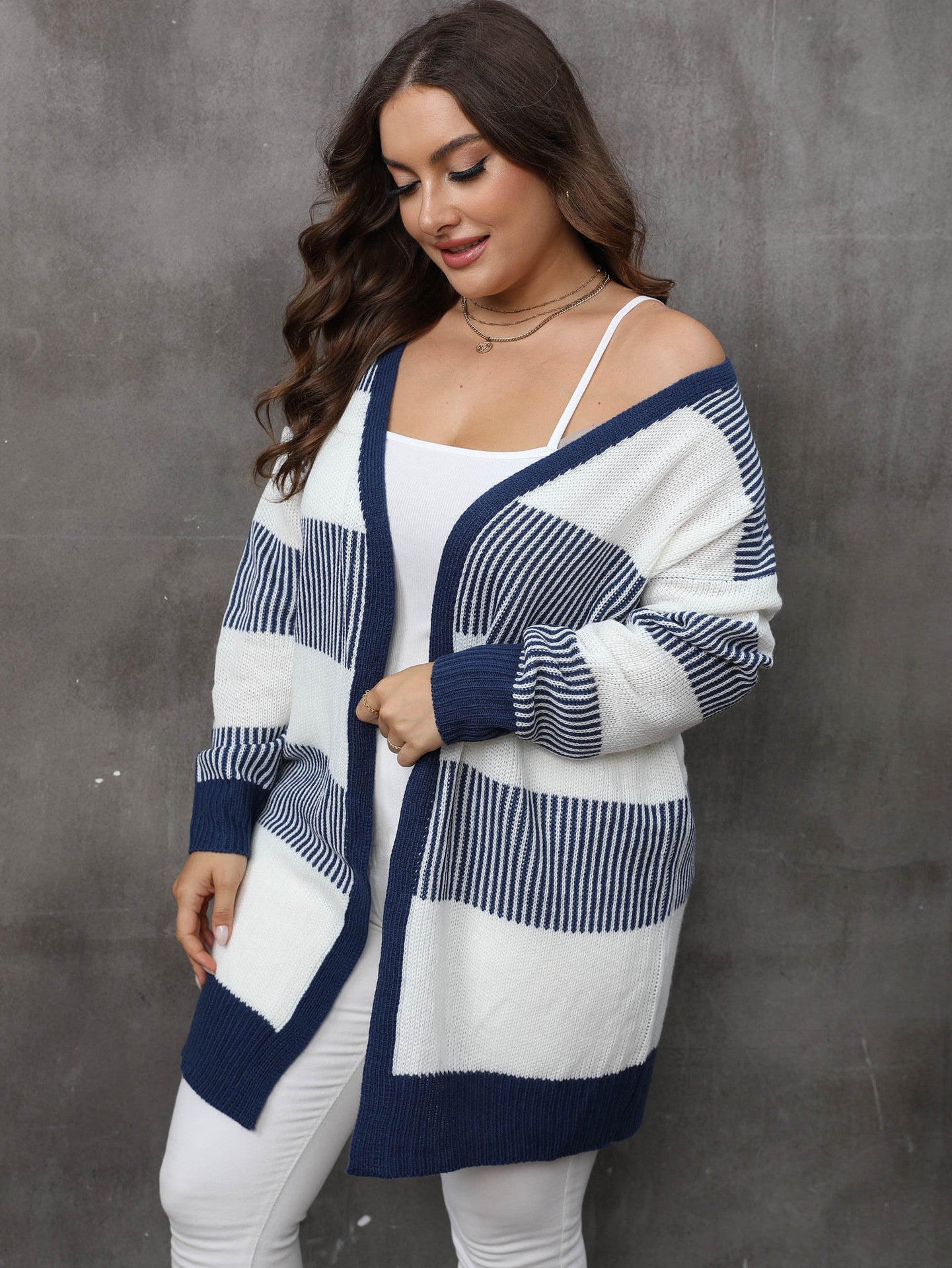 Women's contrasting striped splicing long-sleeved women's casual cardigan jacket