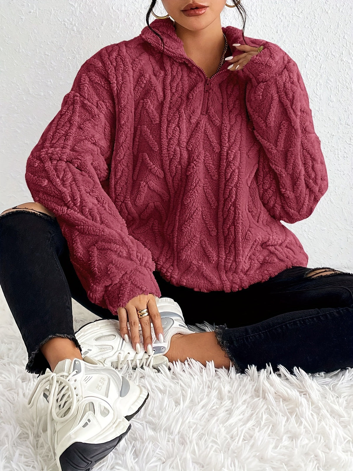 Women's Sherpa Jacquard Quarter Zip Pullover Sweatshirt